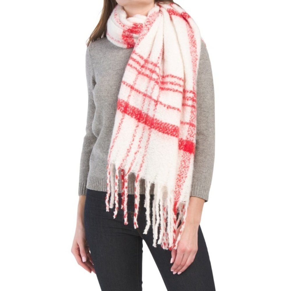 Free People Prep Brushed Plaid Blanket Scarf Size One -Ivory Red